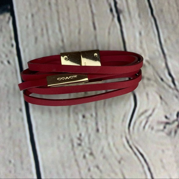 Coach 7” Red Leather and Gold Tone Bracelet